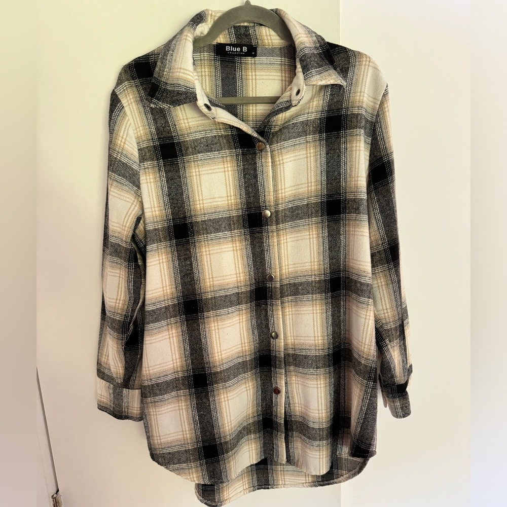 Blue B Collection Shacket in black and tan stripes